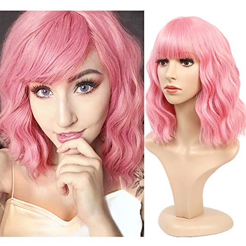 Perruque frange courte pour femmes perruques synthétiques de haute qualité synthétiques roses 14inch